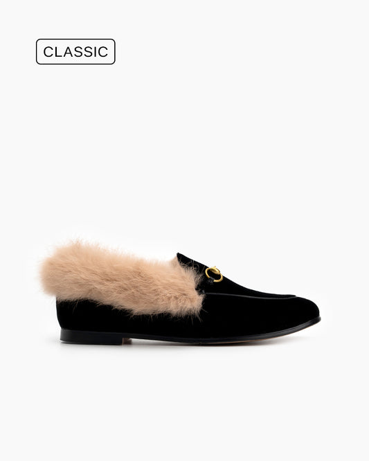 Classic Metal Buckle Velvet Fur Flat Loafers