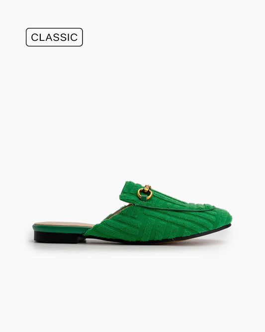 Classic Metal Buckle Green Lambswool Slip On Backless Mules