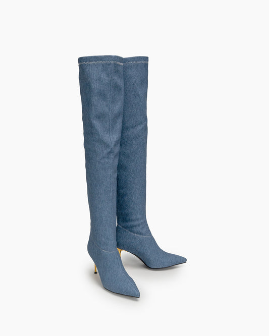 Denim Stiletto Heel Pointed Toe Over Knee High Boots