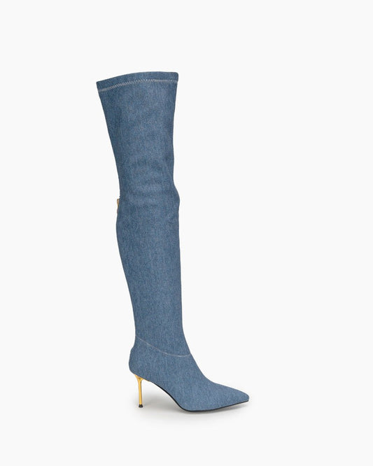 Denim Stiletto Heel Pointed Toe Over Knee High Boots