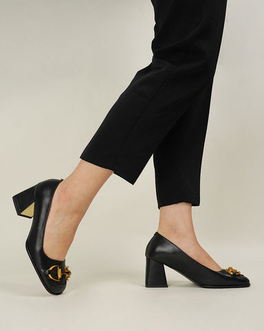 Alina Thick Heel Shallow Mouth Leather Loafers