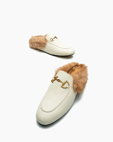 Alina Elegant Leather Backless Fur Slip-On Mules