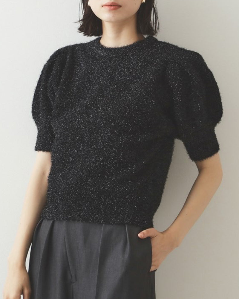 Gold Thread Fuzzy Pullover Short Pleated Puff Sleeve Sweater