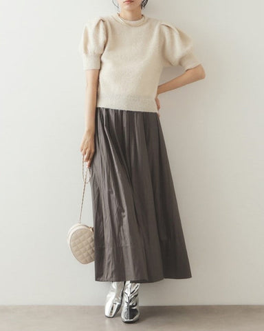 Gold Thread Fuzzy Pullover Short Pleated Puff Sleeve Sweater