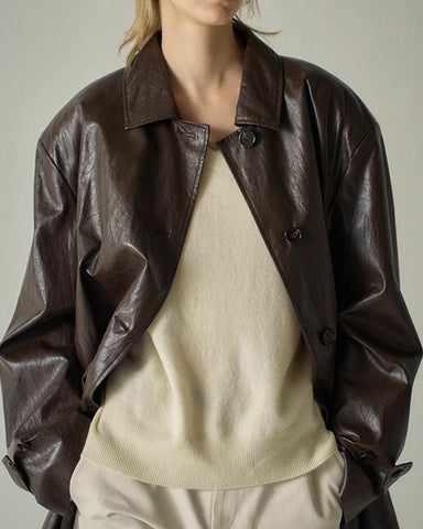 Mid-length Lapel Single-breasted Leather Trench Coat