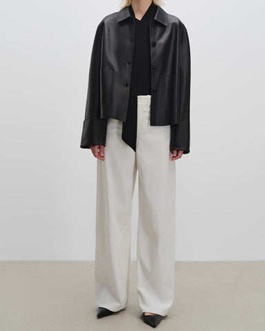 Folded-cuffs Matte Lapel Cropped Sheepskin Jacket