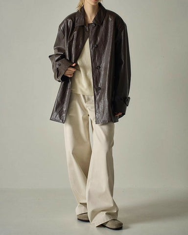 Mid-length Lapel Single-breasted Leather Trench Coat