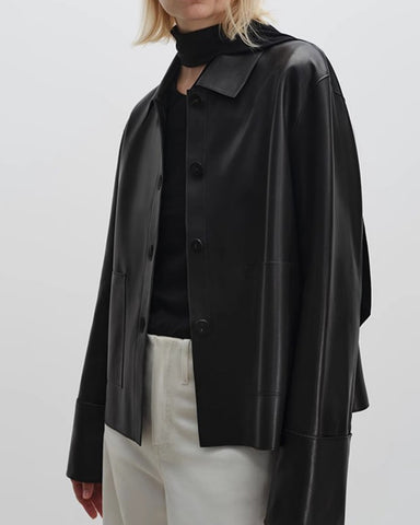 Folded-cuffs Matte Lapel Cropped Sheepskin Jacket