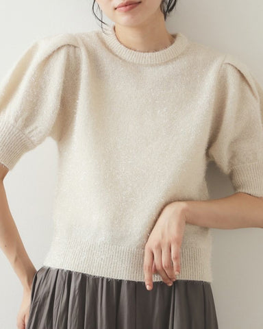 Gold Thread Fuzzy Pullover Short Pleated Puff Sleeve Sweater