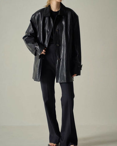 Mid-length Lapel Single-breasted Leather Trench Coat