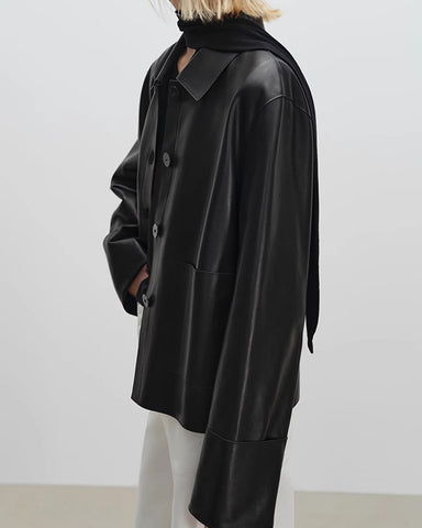 Folded-cuffs Matte Lapel Cropped Sheepskin Jacket