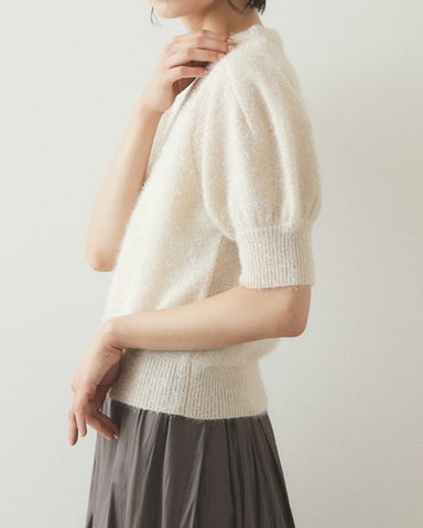 Gold Thread Fuzzy Pullover Short Pleated Puff Sleeve Sweater