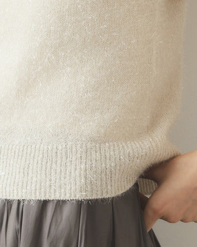 Gold Thread Fuzzy Pullover Short Pleated Puff Sleeve Sweater