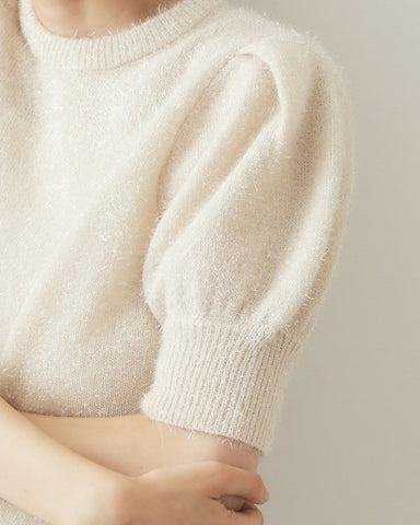 Gold Thread Fuzzy Pullover Short Pleated Puff Sleeve Sweater