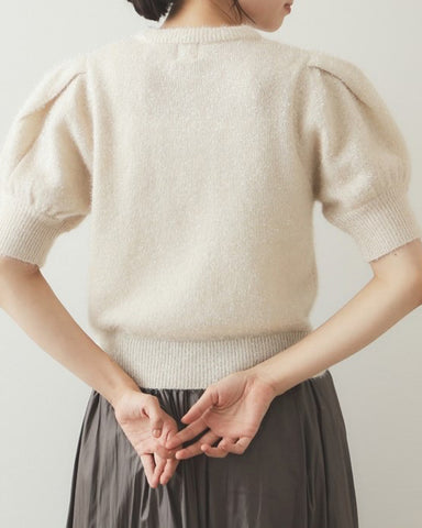 Gold Thread Fuzzy Pullover Short Pleated Puff Sleeve Sweater