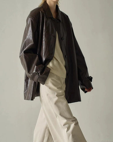 Mid-length Lapel Single-breasted Leather Trench Coat