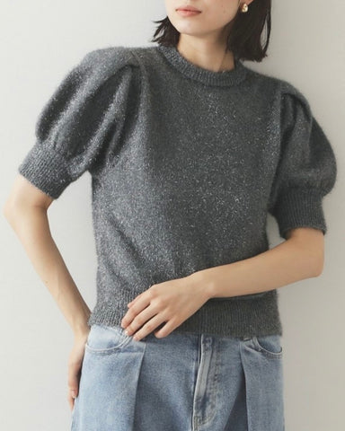 Gold Thread Fuzzy Pullover Short Pleated Puff Sleeve Sweater