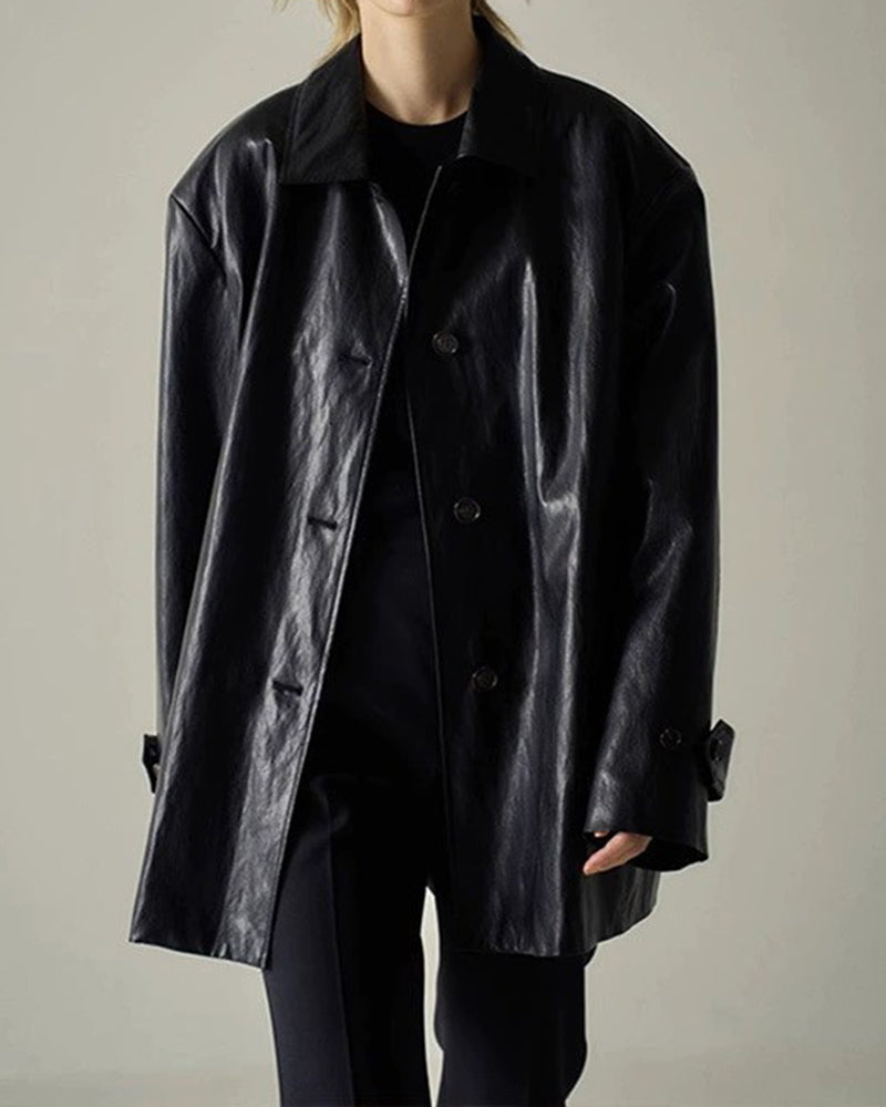 Mid-length Lapel Single-breasted Leather Trench Coat