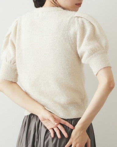 Gold Thread Fuzzy Pullover Short Pleated Puff Sleeve Sweater