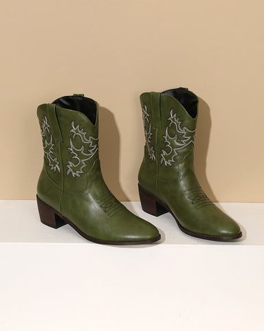 Army Green Embroidery Stitched Western Ankle Boots