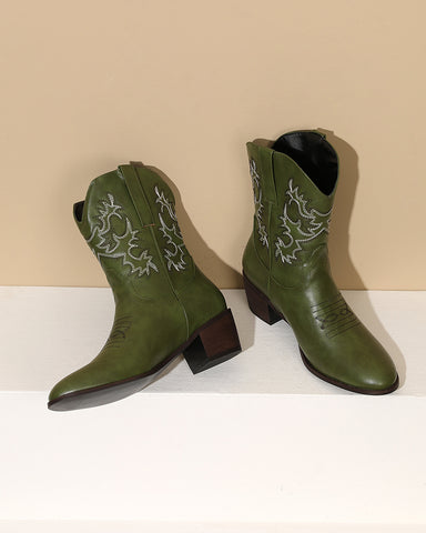 Army Green Embroidery Stitched Western Ankle Boots