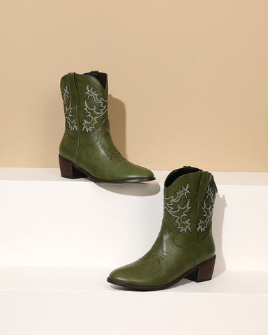 Army Green Embroidery Stitched Western Ankle Boots