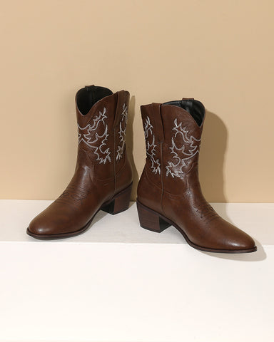 Army Green Embroidery Stitched Western Ankle Boots