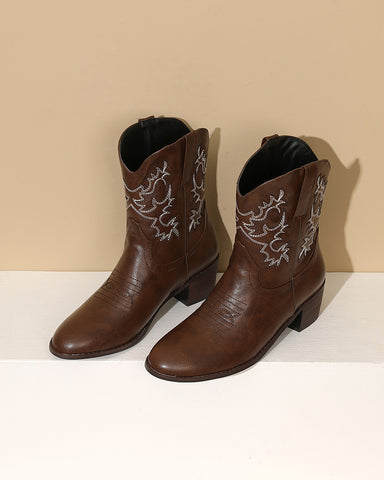 Army Green Embroidery Stitched Western Ankle Boots