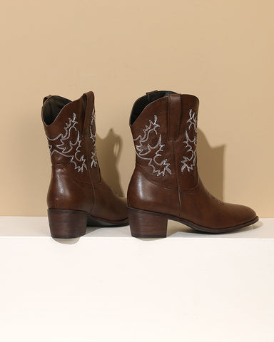 Army Green Embroidery Stitched Western Ankle Boots