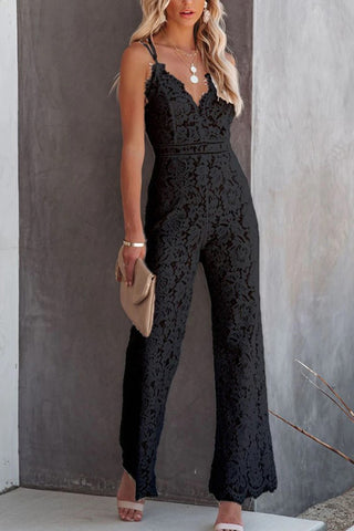 Sexy Lace Backless Mesh One Piece Hollow Out Ruffle Long Bodycon Jumpsuit