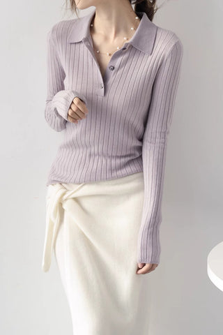 Flattering Fit Polo Neck Wool Vertical Striped Knit Sweater