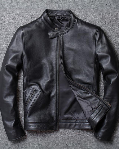 Men's Sheep Leather Racer Stand Collar Jacket