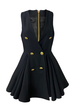 Black V-neck Double-breasted High-waist Vest Skirt Dress