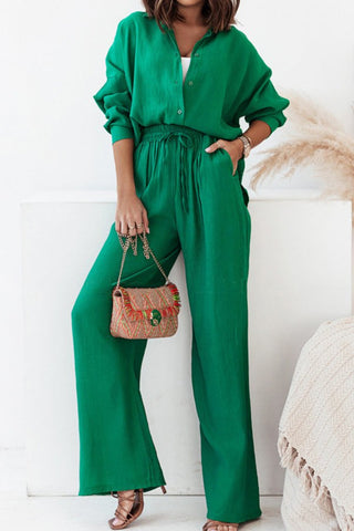 Casual simple solid color half-open collar shirt and high-waisted trousers two-piece set