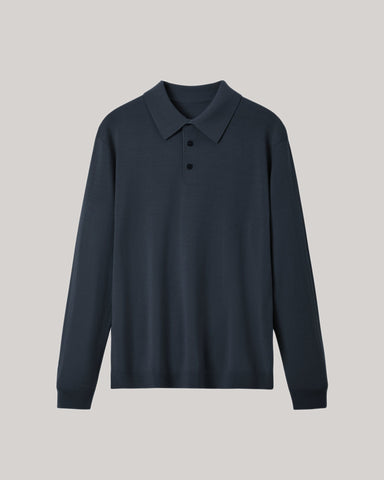 Men's 100% Merino Wool Knit Long Sleeve Polo Shirt