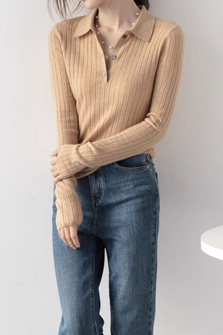 Flattering Fit Polo Neck Wool Vertical Striped Knit Sweater