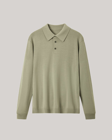 Men's 100% Merino Wool Knit Long Sleeve Polo Shirt