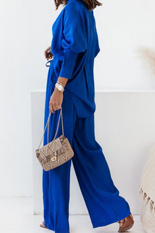 Casual simple solid color half-open collar shirt and high-waisted trousers two-piece set