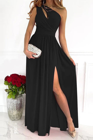 Off-shoulder long dress, elegant sleeveless sexy high waist slit dress