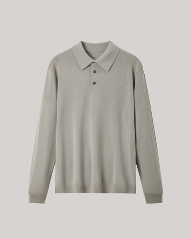 Men's 100% Merino Wool Knit Long Sleeve Polo Shirt