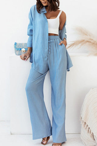 Casual simple solid color half-open collar shirt and high-waisted trousers two-piece set