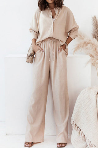 Casual simple solid color half-open collar shirt and high-waisted trousers two-piece set