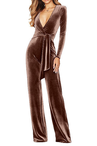 Dusk to Dawn-Deep V Belted Velvet Long-sleeved Jumpsuit