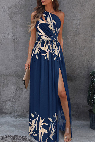 Off-shoulder long dress, elegant sleeveless sexy high waist slit dress