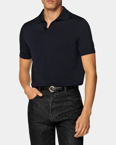 Cotton and Silk Buttonless Short Sleeve Knitwear Polo