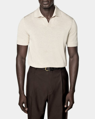 Cotton and Silk Buttonless Short Sleeve Knitwear Polo