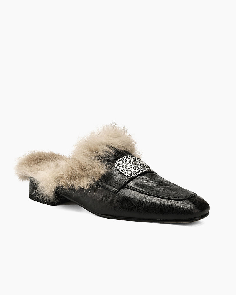 Sheepskin and Velvet Printed Mule Slippers