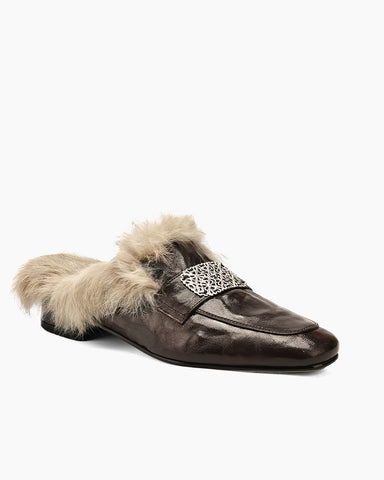 Sheepskin and Velvet Printed Mule Slippers