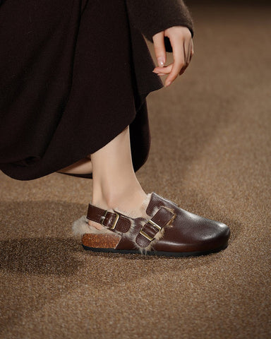 Charm Retro Wool Lining Strap Leather Mules