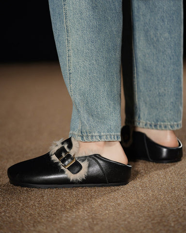 Charm Retro Wool Lining Leather Loafers